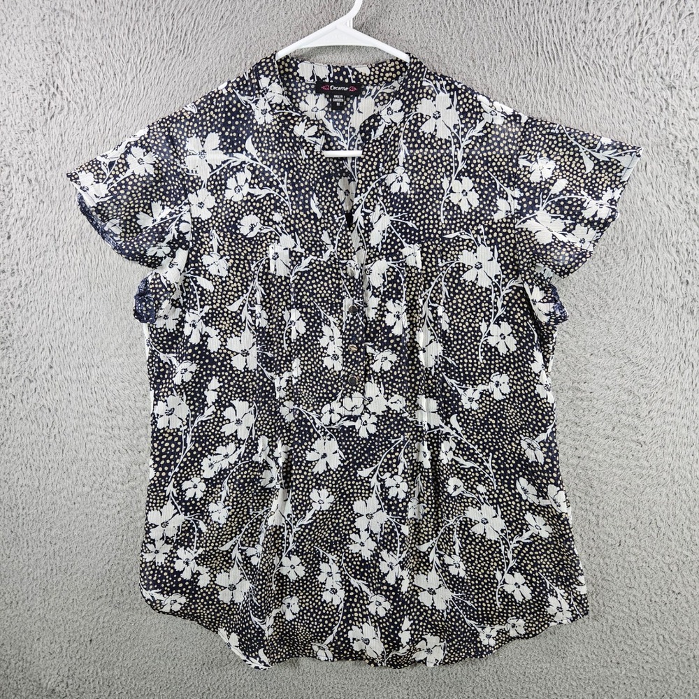 Cocomo Womens Navy Blue Floral Polka Dot Chiffon Blouse Short Sleeve Size M